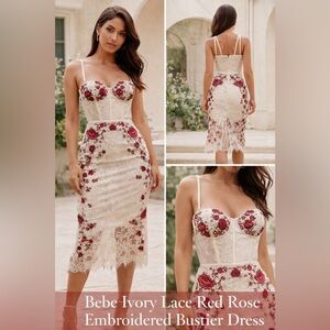 Bebe Ivory Lace Red Rose Embroidered Bustier Midi Dress Women Size 8 Corset Shee